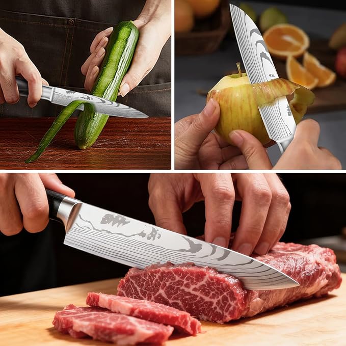 10-Piece Premium Japanese Kitchen Knife Set - Imperial Collection, Laser Damascus Pattern, 440A Stainless Steel Ultra Sharp for Fast Cutting (Redwood 3X)