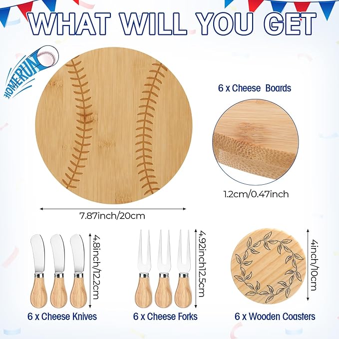 Honeydak 49 Pcs Baseball Baby Shower Prizes for Game Players 6 Sets Cheese Board Fork Knives Coasters Towel Potted Plant Thanks Card Gift Bag for a Little Slugger is on the Way Baby Shower Favors
