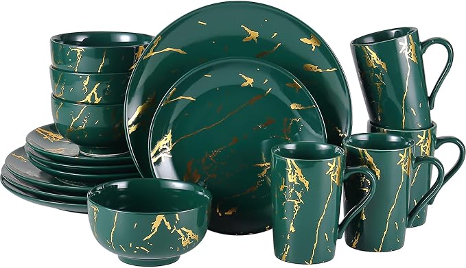 Microwave Safe Porcelain Green and Gold Dinnerware Set for 4 – 16 Piece Stackable Plates and Bowls Sets with Gold Accents