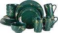 Microwave Safe Porcelain Green and Gold Dinnerware Set for 4 – 16 Piece Stackable Plates and Bowls Sets with Gold Accents