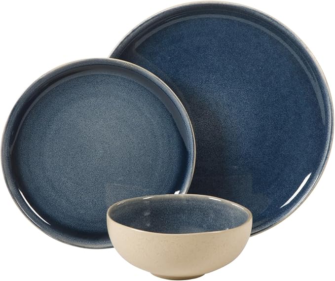 Gibson Elite Manila Bay 12-Piece Stoneware Dinnerware Set, Service for 4, Reactive Glaze Modern Artisan Plates, Bowls & Mugs, Blue, Round Design