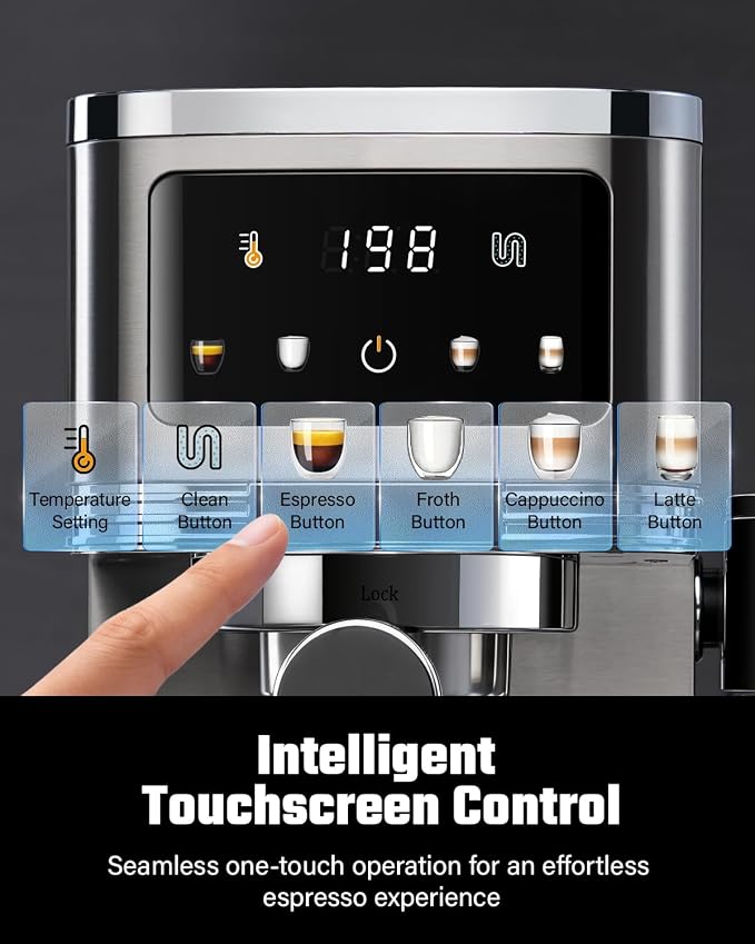 KIDISLE 20 Bar Espresso Machine with Automatic Milk Frother, Cappuccino & Latte Maker, Dual Boiler Coffee Machine (1350W + 1000W), 44oz Water Tank, 24oz Milk Reservoir, Touchscreen, Stainless Steel