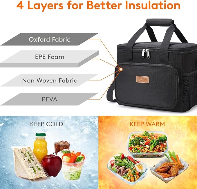 Lifewit Large Lunch Bag, Insulated Lunch Box, Soft Cooler Cooling Tote for Adult Men Women, Black 32-Can (20L)