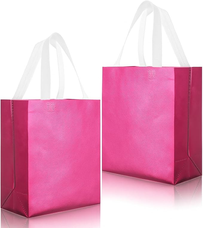 Eccliy Reusable Gift Bags Set Glossy Grocery Gift Tote Bag with Handle for Wedding, Bridal Shower, 4th of July, Summer Event(10 x 8 x 4.7 Inch,Hot Pink,80 Pcs)