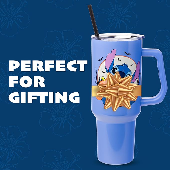Silver Buffalo Disney Lilo and Stitch Halloween Spooky Pumpkin Jack-O-Lantern Double Walled Stainless Steel Tumbler with Handle and Straw, Fits in Standard Cup Holder, 40 Ounces