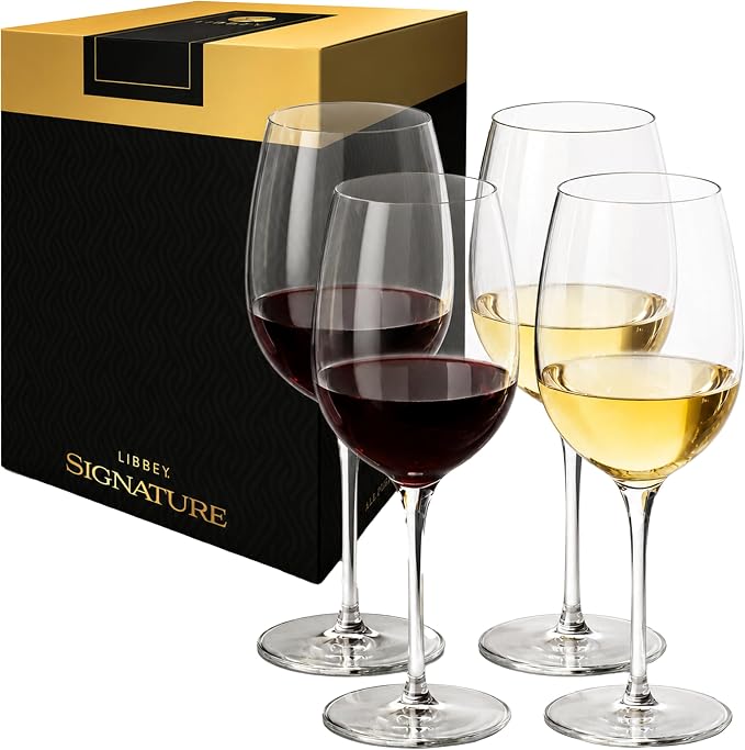 Libbey Signature Kentfield All Purpose Long Stem Wine Glasses Set of 4, White and Red Wine Glasses, Curvature Wine Glass Gift Set for All Occasions