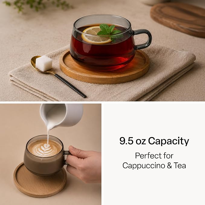MIAMIO - 4x Glass Coffee/Tea Cups with Saucer (9.5 oz), Cappuccino Mugs/Tea Cup/Glass Mug for Coffee, Tea, Matcha, Latte, Coffee Cup with Saucer in a Set of 4 - Olea (Grey)