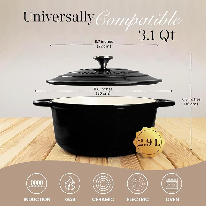 Cast Iron Pot with Lid-Non-Stick Ovenproof Enamelled Casserole Pot, Oven Safe up to 500° F-Sturdy Dutch Oven Cookware - Black, 5-Quart, 24cm-by Nuovva