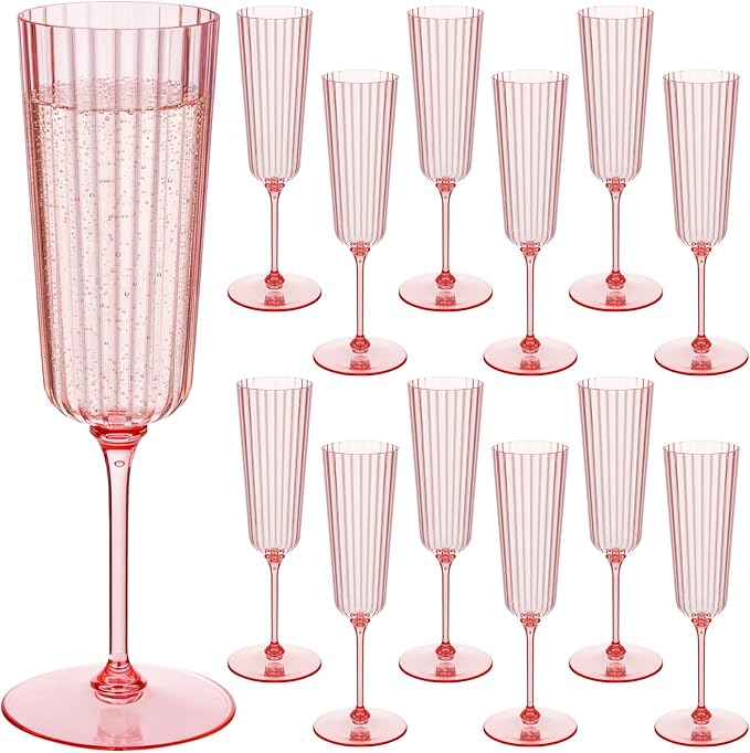 Jingmore 12 Pcs Plastic Ribbed Champagne Flutes With Stem, 6.4 oz Clear Vintage Disposable Champagne Glasses for Wedding Birthday Anniversary (Pink)