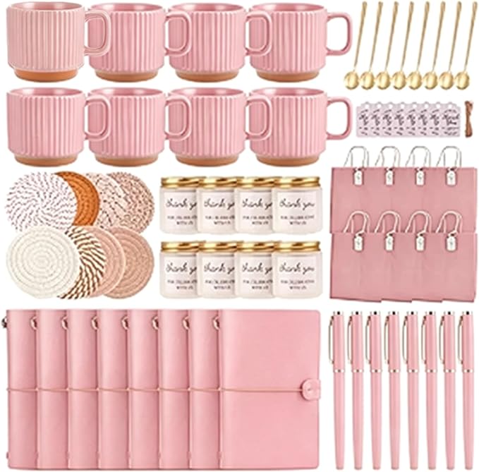 Baby Shower Prizes for Game Winners Baby Shower Games Prizes Ceramic Mugs with Metal Spoons Woven Coasters Notebooks Scented Candles Gift Bags Wedding Bridal Shower Favors for Guests (8, Pink)