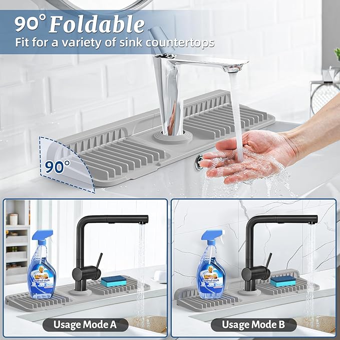 PoYang 17.7 inch Faucet Mat for Kitchen Sink Splash Guard, 7° Slope Silicone Sink Water Splash Guard for Kitchen Sink Area with Snap, Long Sink Protectors for kitchen Sink Sponge Holder, Light Grey