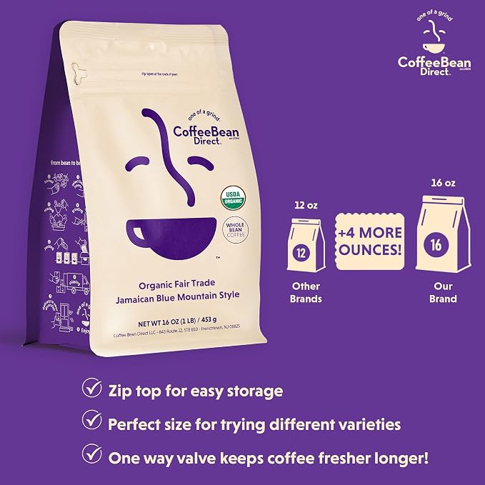 Coffee Bean Direct Organic Fair Trade Jamaican Blue Mountain Style, Whole Bean Coffee, Arabica Blend, Light Roast, 1 Pound Bag (Pack of 1)