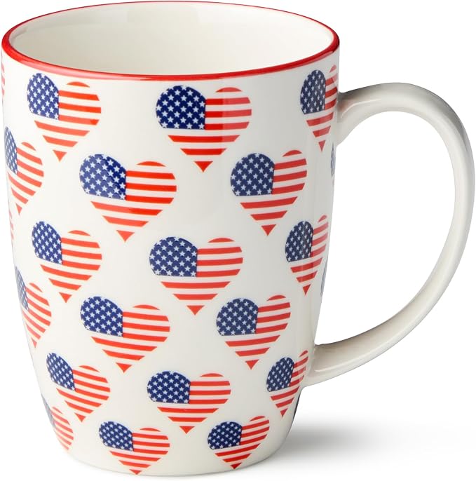 Patriotic Pad Print Porcelain MUGS SET of 6, 14 ounce red white and blue assorted star stripe and flag designs for coffee tea and festive everyday drinkware