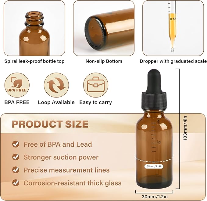 NOOEEISS 6 Pcs 1oz Amber Glass Eye Dropper Bottle, Tincture Bottles With Leak-Proof Design, Stronger Suction for All Kinds of Mixed Liquids