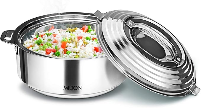 Milton Galaxia 1500 Casserole for hot food, insulated stainless steel hot pot with lid, 50 oz (2000 ml) 1.58 qt, Serving box (bowl, dish) for food and roti Food Warmer Cooler, Silver