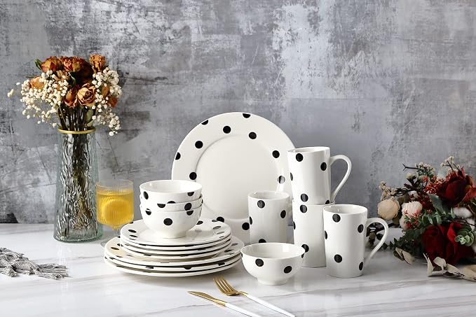 16-Piece Black and White Polka Dot Dinnerware Set for 4, Modern Porcelain Plates and Bowls Set, Ceramic Dish Set with Mugs, Dishwasher & Microwave Safe, Elegant Kitchen Gift - White