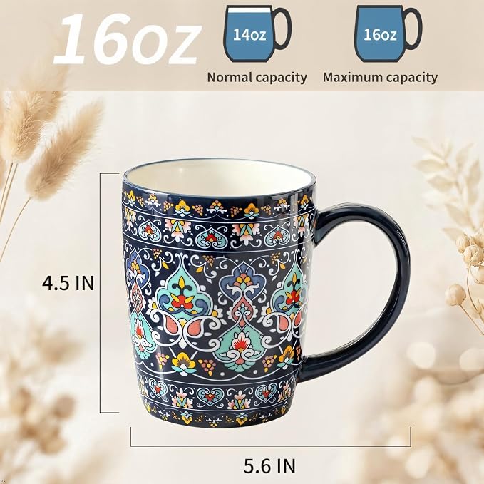 glowworm 16 oz Coffee Mugs Set of 4, Large Ceramic Coffee Cups for Women and Men, Colorful Mugs Set with Handles for Latte, Hot Cocoa, Tea, Dishwasher & Microwave Safe, Bohemian