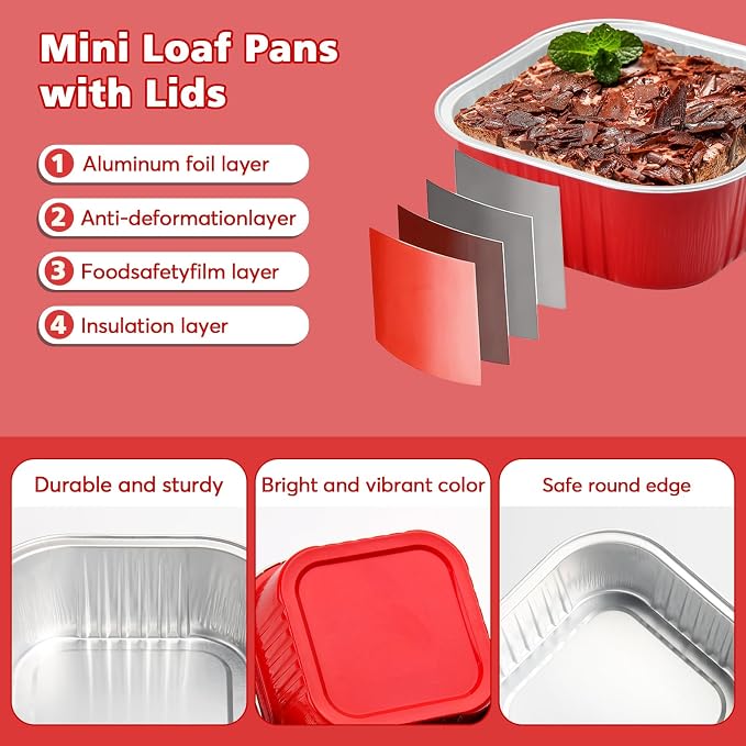 Ruckae 5oz 100 Pcs Square Mini Loaf Pans with Lids-Disposable Foil Dessert Containers,Mini Cake Pans with Lids,Aluminum Dessert Cups for Parties and Weddings (Red, 5oz)