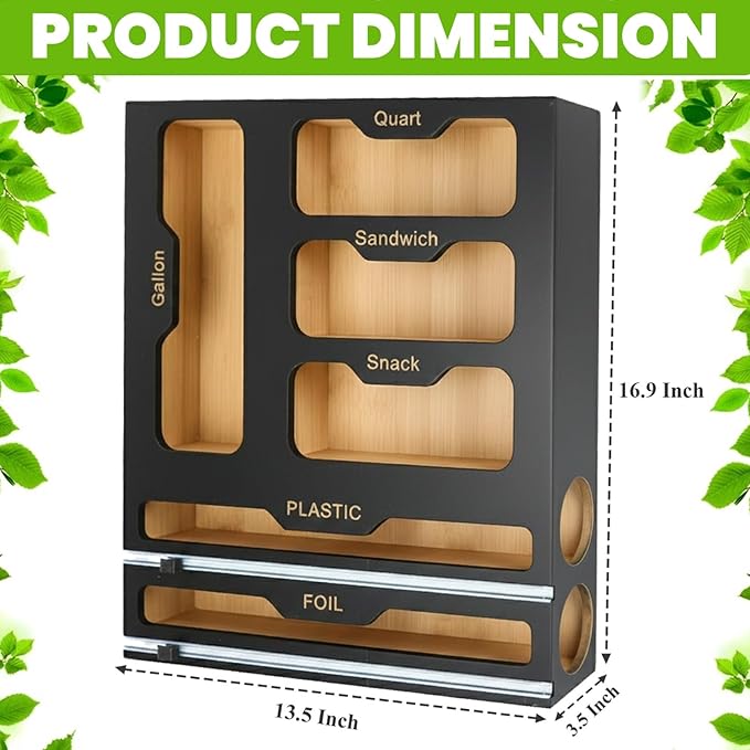 6-in-1 Ziplock Bag Organizer & Plastic Wrap Dispenser with Cutter, Kitchen Drawer Organizer for Food Storage Bags, Foil, Plastic Wrap, Parchment Paper Bamboo Bag Organizer