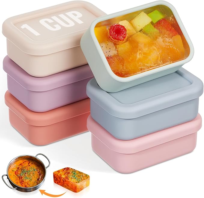 Teenyyou 6 Packs 1 Cup Silicone Soup Freezer Molds with Lid Silicone Soup Freezer Trays Rectangle Reusable Food Preserving Tray Freezing Sauces Stews(Multiple Color)