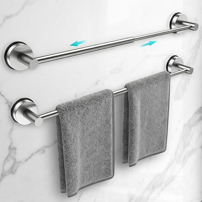 Adjustable Suction Cup Towel Bar for Bathroom Wall,17 Inch~29 Inch Towel Racks for Bathroom,Stainless Steel Bath Towel Holder for Shower,2 Pack(Brushed Silver)