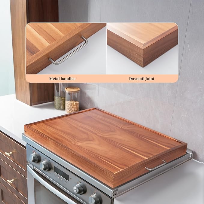 Noodle Board Stove Cover with Handles, Acacia Noodle Board Stove Top Covers for Gas Burners and Electric Stove, RV Stovetop Cover, Serving Tray for Kitchen Counter Space (30" x 22")