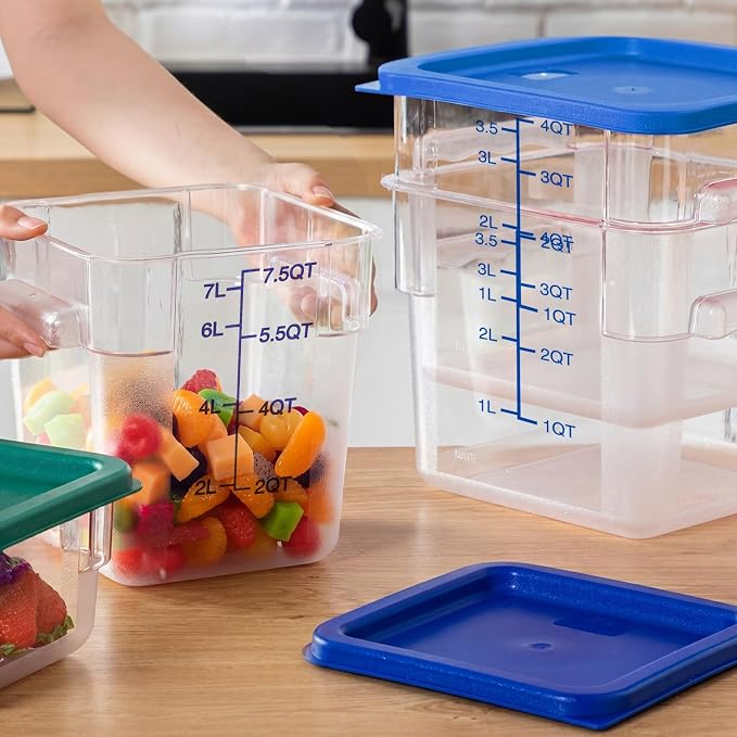 Lallisa 4 Pcs 8qt & 4qt Clear Food Storage Containers with Lids Handles and Scales, Stackable Plastic Square Food Storage Containers for Dough Proofing Baking Kitchen Restaurant(Blue)