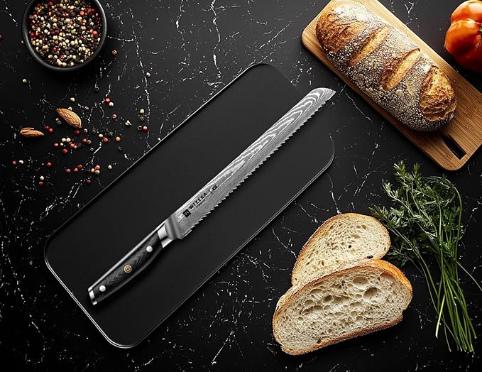 WIZEKA 10 inch Damascus Serrated Bread Knife for Homemade Bread: Razor Sharp VG10 Damascus Steel Multifunction Serrated Knife for Slicing Homemade Bread, Bagels, Cake