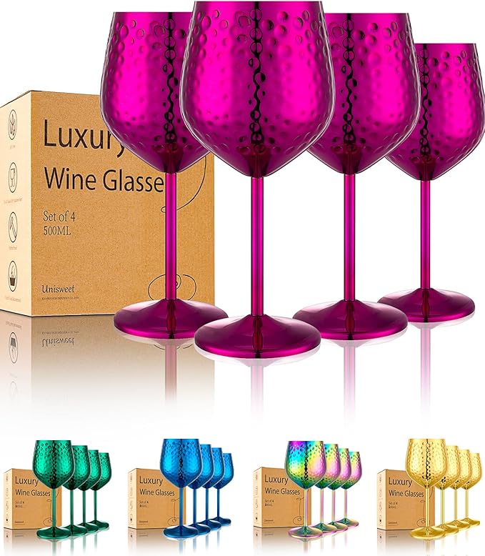 UNISWEET Stainless Steel Wine Glasses Set of 4 Unbreakable (Purple) | 17 oz Large-capacity Hammered Goblets, Lightweight & Reusable, Good for Outdoor, Camping, Pool Travel, Gift for Wine Lovers