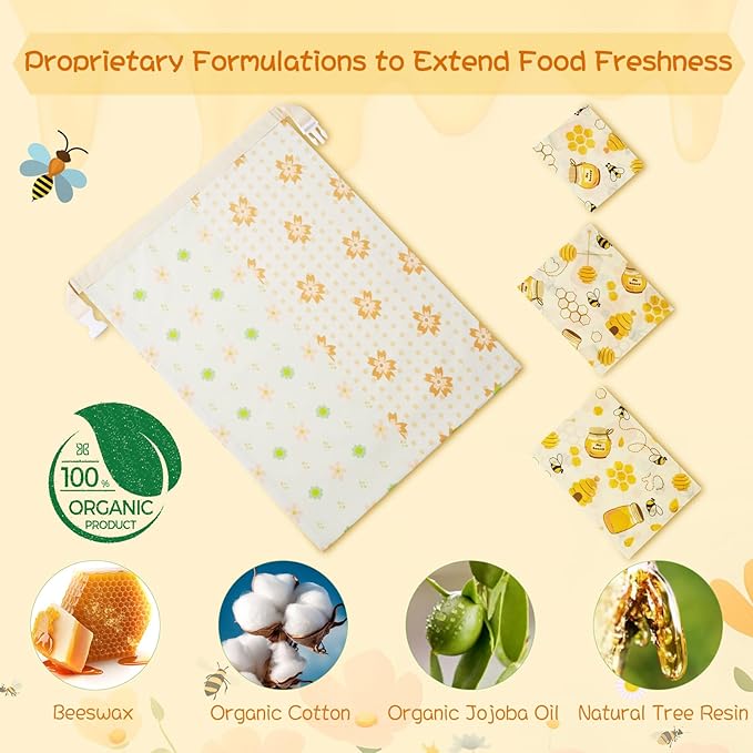 Reusable Beeswax Bread Bags & Food Wraps – Sustainable Kitchen Storage for Homemade Bread, Organic Cotton Bags for Fresh Food