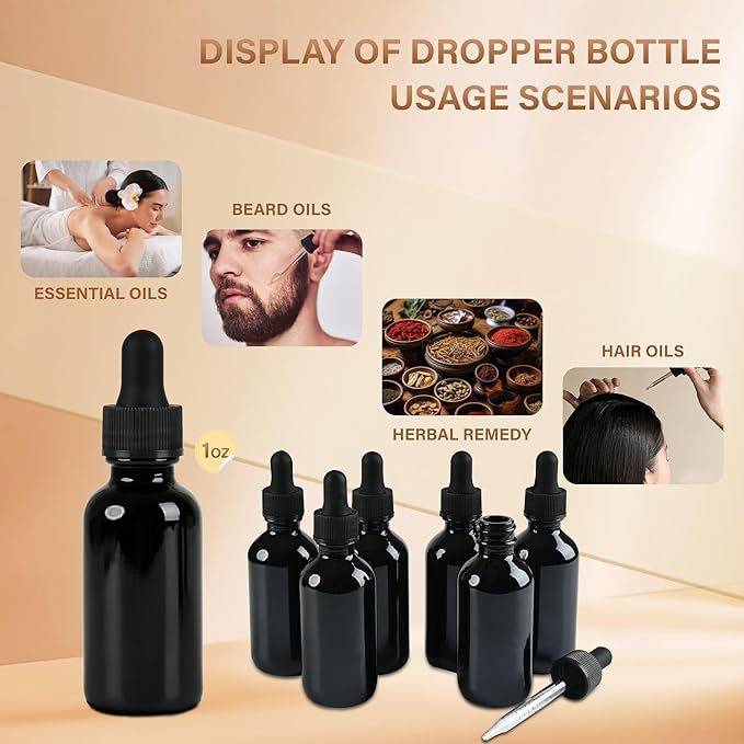 NOOEEISS 6 Pcs, 2oz Dropper Bottle, Black Glass Eye Dropper Bottle, Tincture Bottles with Dropper, Leak-Proof Design, Stronger Suction, for All Kinds of Mixed Liquids