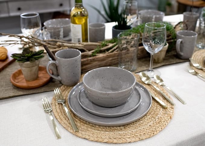 Elanze Designs Shiny Speckled Western Country Style Ceramic Plates Bowls Mugs Dinnerware 16 Piece Set - Service for 4, Grey