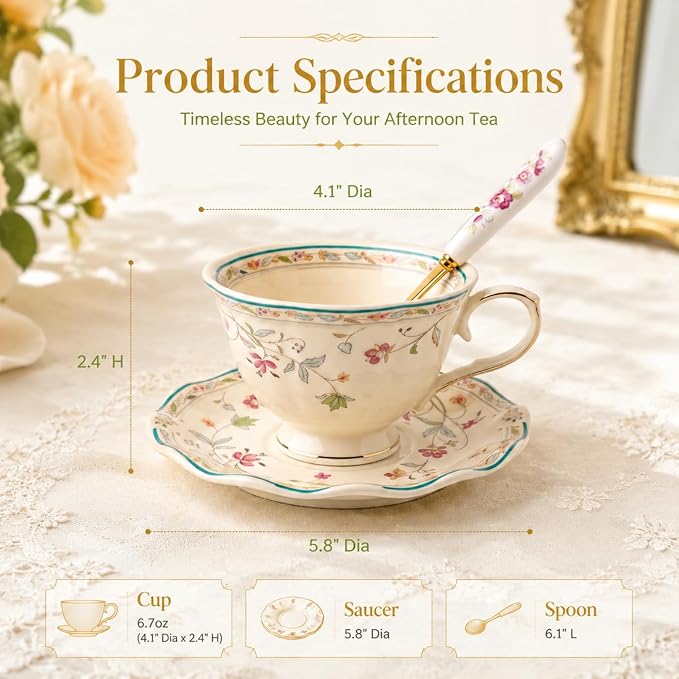 Noviko 6 oz Floral Tea Cups and Saucers Flower Ceramic cup for Women and Tea Parties