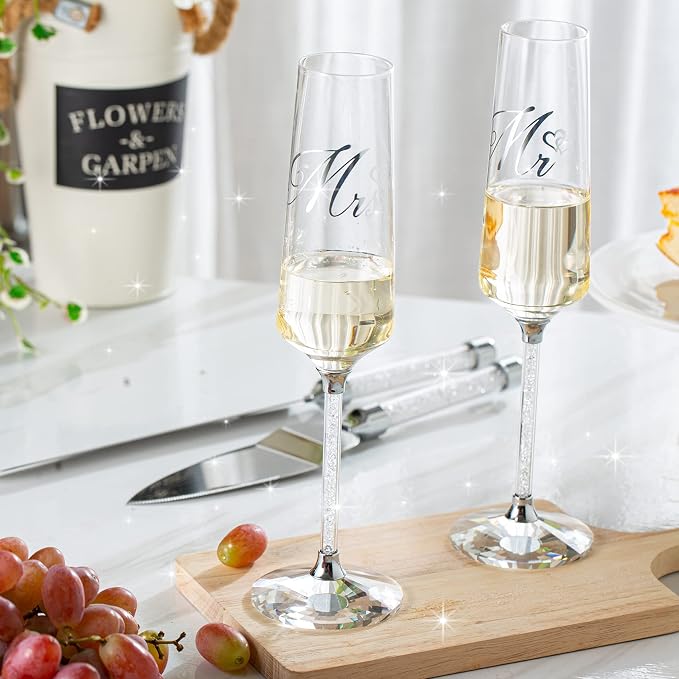 Wedding Cake Knife and Server Set, Mr and Champagne Flutes with Wedding Cake Cutting Set for Bride and Groom Toasting (Clear)