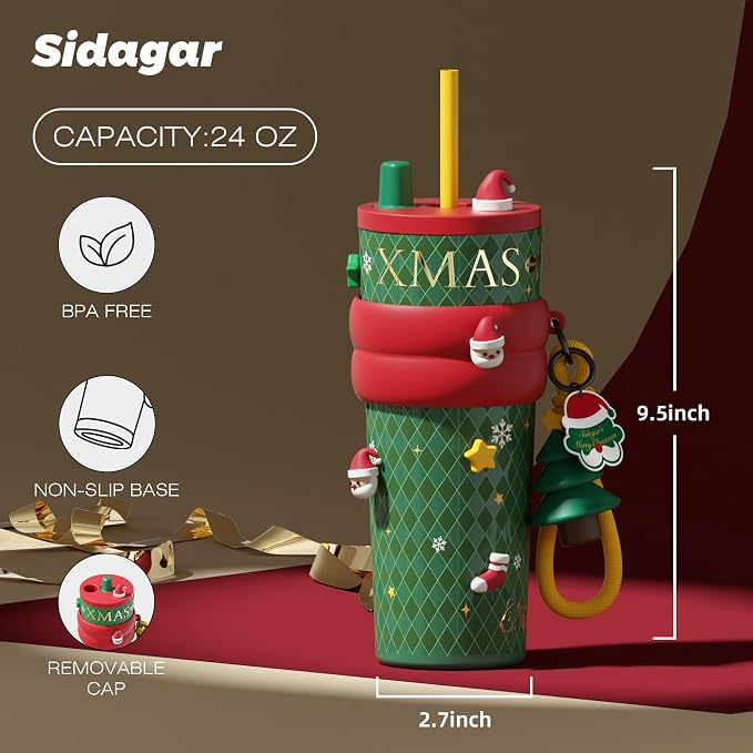 24 oz Christmas Tumbler with Lid and Straw, Insulated Coffee Mug Leak Proof, Portable Iced Water Bottle, Reusable Thermal Coffee Cup, Gifts for Women