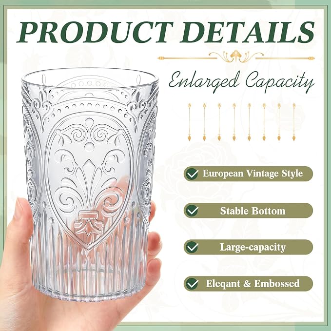 100 Pcs 16 oz Plastic Vintage Drinking Glasses Stemless Ribbed Highball Glasses Bulk Embossed Reusable Cup for Water Beer Cocktails Juice Wedding Bridal Shower Birthday Event Party (Clear)