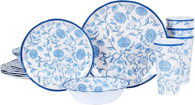 Melamine Dinnerware Set for 4-16 Pcs:Camping Dishes Set with Dinner Plates,Salad Plates,Cups and Bowls.Lightweight and Unbreakable.Indoor and Outdoor Use.