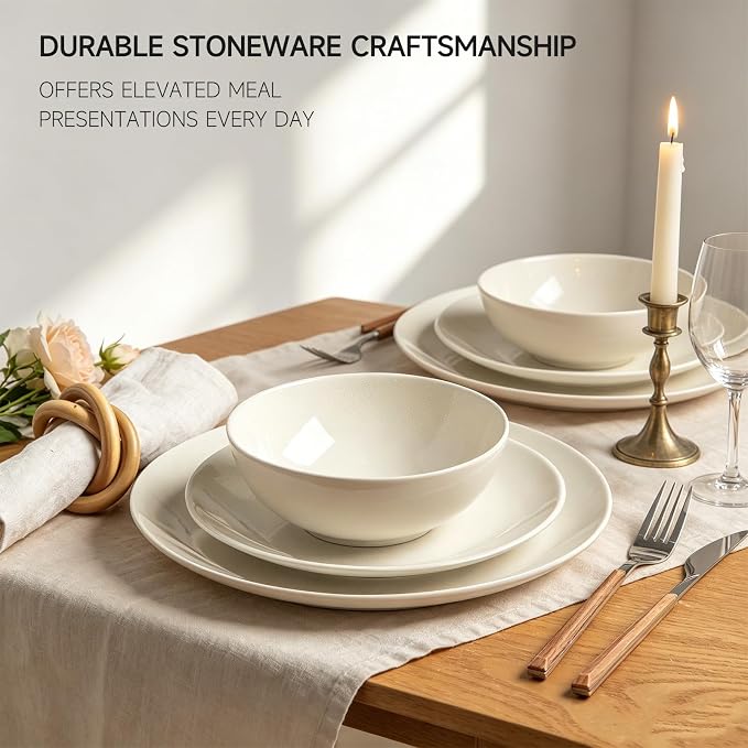 Ceramic Dinnerware Sets for 4,12 Pieces Plates and Bowls Sets, Plates Pasta Bowls Soup Bowls, Modern Stoneware Dishes, Reaction Glaze (White)