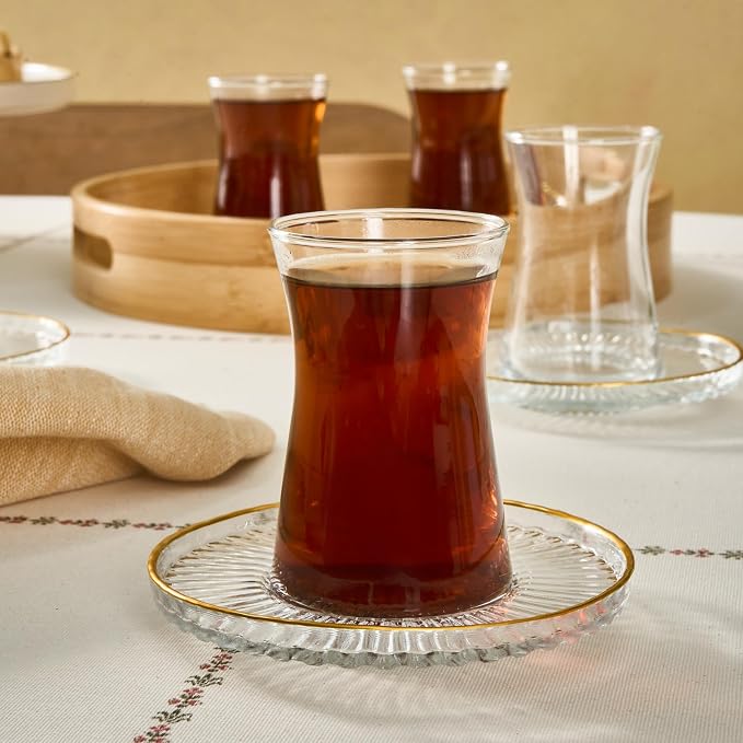 KARACA Nilufer 12-Piece Turkish Tea Glass & Saucer Set, 5.7 oz (170 ml) Gold Trim Clear Glass Tea Service for 6 People, Geometric Pattern Tulip Teacups with Saucers, Hand Wash Recommended