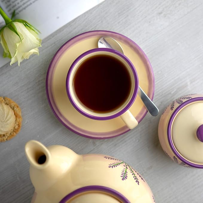 City to Cottage Handmade Lavender Floral Purple And Cream Ceramic 8.4oz/250ml | Cappuccino, Coffee, Tea Cup and Saucer, Unique Designer Pottery for Tea Lovers
