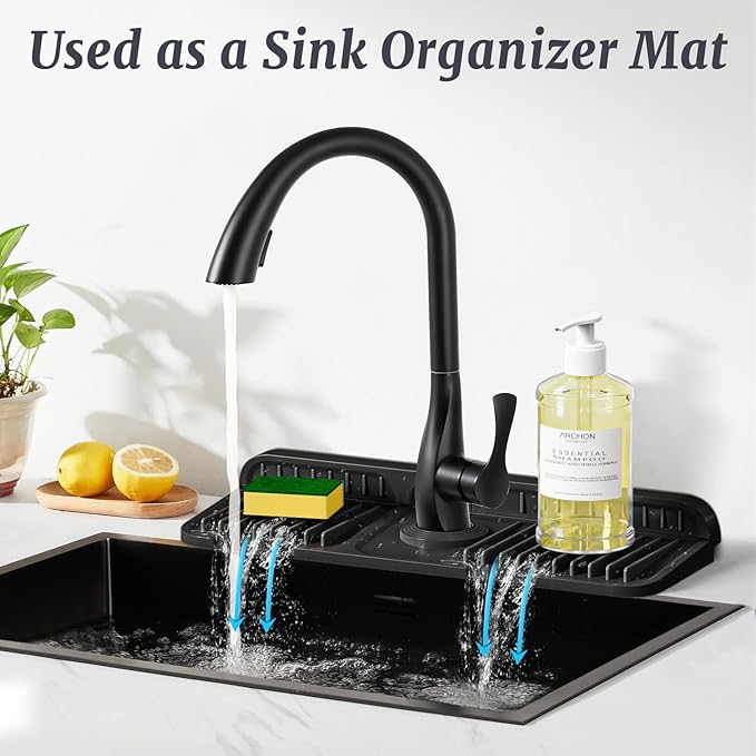 PoYang 14.6 inch Faucet Mat for Kitchen Sink Splash Guard, 7° Slope Silicone Sink Water Splash Guard for Kitchen Sink Area with Snap Button, Small Sink Protectors for kitchen Sink Sponge Holder, Black