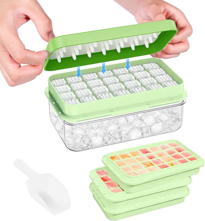 PHINOX Ice Cube Tray with Lid and Bin, 3 Pack Plastic Ice Cube Tray Molds, 84 pcs Ice Trays for freezer, Chilling Drinks, Whiskey & Cocktails, with Ice Container and Ice Scoop, BPA-Free