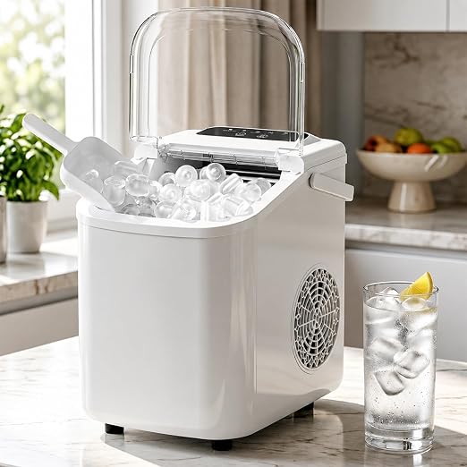 Ice Maker Countertop, Portable Ice Machine with Handle, Basket & Scoop, 26Lbs/24Hrs, 9 Bullet Ice Cubes Ready in 6–8 Mins, 2 Ice Sizes, Self-Cleaning, Quiet Compact for Home Kitchen Office RV Camping