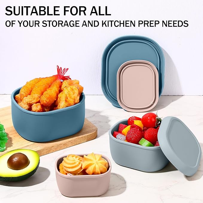 Blushtier 12 Pcs Silicone Food Storage Containers with Lids Reusable Silicone Snack Container 3 Size Silicone Lunch Box Bento with Lids Freezer Dishwasher Safe,6.7oz, 10oz, 20oz(Mo Landi Color)