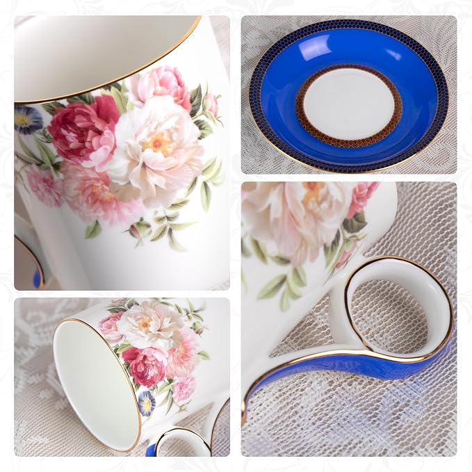 KAMMAK Tea Cups and Saucers Set of 2, Porcelain Coffee Cups, Stackable Espresso Mugs, Ceramic Demitasse for Coffee, Cappuccino, Latte, Americano, Tea, Blue