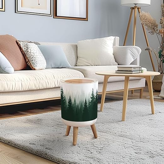 Trash Can with Lid Forest Nature Landscape Evergreen coniferous Trees Pine Spruce Press Top Round Small Garbage Bin with Wooden Legs Waste Basket for Kitchen Bedroom Nursery 7L/1.8 Gallon