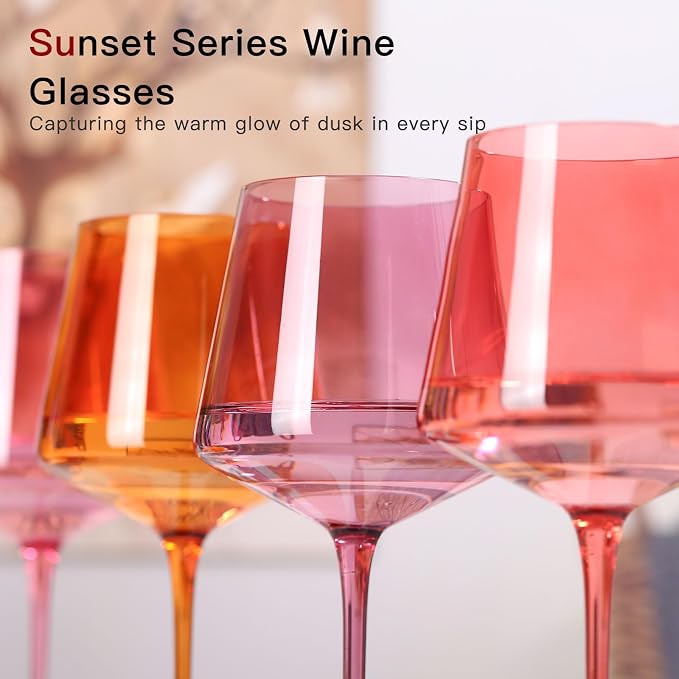 Colored Wine Glasses Set of 6 – 18oz Hand-Blown Crystal Stemmed Wine Glasses, Vibrant Sunset Square stemware for Red & White Wine, Unique Gift for Wedding,Birthday
