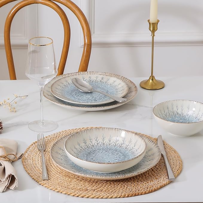 DOMICREVERY Ceramic Dinnerware Sets for 6, 24 pcs Plates and Bowls Sets, Blue Branch