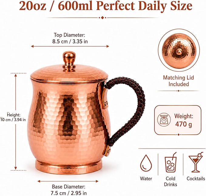 20oz Pure Copper Mug with Lid – Handcrafted Hammered Copper Tumbler for Water, Coffee & Daily Wellness