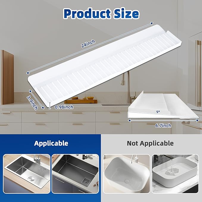 Sink Edge Protectors for Kitchen Single and Double Sink,Kitchen Sinks Splash Guard Can be Cut and Diy,Silicone Edge Protector Sinks With 5° Tilt (WHITE, 24IN)